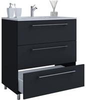 VCM 2-tlg. Stand-Waschplatz Set Badmöbel Waschbecken Keramik Waschtisch Badinos 3 Schubladen schwarz