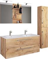 VCM 4-tlg. Doppel-Waschplatz Badmöbel Badezimmer Set Waschtisch Doppelwaschbecken Schubladen Keramik Budasi Spiegel holzfarben