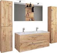 VCM 5-tlg. Doppel-Waschplatz Badmöbel Set Waschtisch Doppelwaschbecken Zwei Schubladen Keramik Budasi Spiegel holzfarben