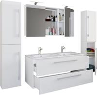 VCM 5-tlg. Doppel-Waschplatz Badmöbel Set Waschtisch Doppelwaschbecken Schubladen Keramik Budasi Spiegelschrank weiß