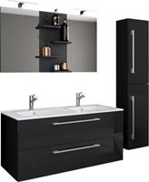 VCM 4-tlg. Doppel-Waschplatz Badmöbel Badezimmer Set Waschtisch Doppelwaschbecken Schubladen Keramik Budasi Spiegel schwarz