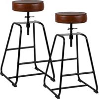 Womo-design Barkruk set van 2 in hoogte verstelbaar Ø32x70-89cm, echt leer/metalen frame, zwart-bruin, ronde kruk