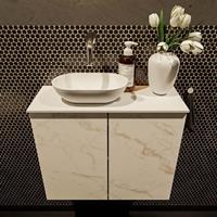 Mondiaz Fowy toiletmeubel 60x50x23cm Carrara mat 0 kraangaten wasbak: links 2 deuren solid surface met blad Melamine kleur wasbak: wit FOWY59011Carraratalc