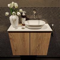 Mondiaz Fowy toiletmeubel 60x50x23cm washed oak mat 0 kraangaten wasbak: rechts 2 deuren solid surface met blad Melamine kleur wasbak: wit FOWY59012washedoaktalc