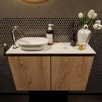 Mondiaz Fowy toiletmeubel 80x50x23cm washed oak mat 1 kraangat wasbak: links 2 deuren solid surface met blad Melamine kleur wasbak: wit FOWY59014washedoaktalc