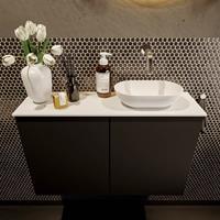 Mondiaz Fowy toiletmeubel 80x50x23cm urban mat 0 kraangaten wasbak: rechts 2 deuren solid surface met blad MDF kleur wasbak: wit FOWY59018urbantalc