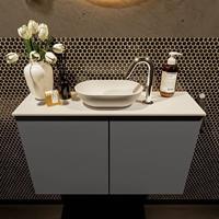 Mondiaz Fowy toiletmeubel 80x50x23cm dark grey mat 1 kraangat wasbak: midden 2 deuren solid surface met blad MDF kleur wasbak: wit FOWY59013darkgreytalc