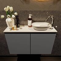 Mondiaz Fowy toiletmeubel 80x50x23cm dark grey mat 1 kraangat wasbak: rechts 2 deuren solid surface met blad MDF kleur wasbak: wit FOWY59015darkgreytalc