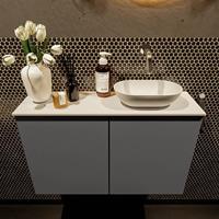 Mondiaz Fowy toiletmeubel 80x50x23cm dark grey mat 0 kraangaten wasbak: rechts 2 deuren solid surface met blad MDF kleur wasbak: wit FOWY59018darkgreytalc