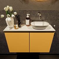 Mondiaz Fowy toiletmeubel 80x50x23cm ocher mat 0 kraangaten wasbak: rechts 2 deuren solid surface met blad MDF kleur wasbak: wit FOWY59018ochertalc