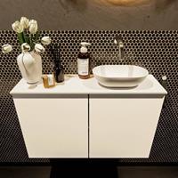 Mondiaz Fowy toiletmeubel 80x50x23cm talc mat 0 kraangaten wasbak: rechts 2 deuren solid surface met blad MDF kleur wasbak: wit FOWY59018talctalc