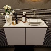 Mondiaz Fowy toiletmeubel 80x50x23cm smoke mat 0 kraangaten wasbak: rechts 2 deuren solid surface met blad MDF kleur wasbak: wit FOWY59018smoketalc