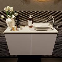 Mondiaz Fowy toiletmeubel 80x50x23cm smoke mat 1 kraangat wasbak: rechts 2 deuren solid surface met blad MDF kleur wasbak: wit FOWY59015smoketalc