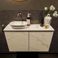 Mondiaz Fowy toiletmeubel 80x50x23cm Carrara mat 0 kraangaten wasbak: links 2 deuren solid surface met blad Melamine kleur wasbak: wit FOWY59017Carraratalc