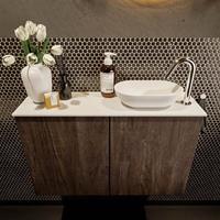 Mondiaz Fowy toiletmeubel 80x50x23cm dark brown mat 1 kraangat wasbak: rechts 2 deuren solid surface met blad Melamine kleur wasbak: wit FOWY59015darkbrowntalc