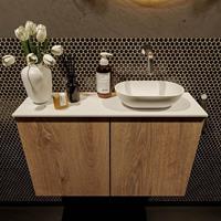 Mondiaz Fowy toiletmeubel 80x50x23cm washed oak mat 0 kraangaten wasbak: rechts 2 deuren solid surface met blad Melamine kleur wasbak: wit FOWY59018washedoaktalc