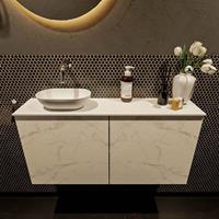 Mondiaz Fowy toiletmeubel 100x50x23cm Carrara mat 0 kraangaten wasbak: links 2 deuren solid surface met blad Melamine kleur wasbak: wit FOWY59023Carraratalc