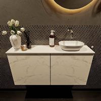 Mondiaz Fowy toiletmeubel 100x50x23cm Carrara mat 0 kraangaten wasbak: rechts 2 deuren solid surface met blad Melamine kleur wasbak: wit FOWY59024Carraratalc