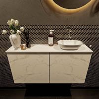 Mondiaz Fowy toiletmeubel 100x50x23cm Carrara mat 0 kraangaten wasbak: rechts 2 deuren solid surface met blad Melamine kleur wasbak: wit FOWY59024Carraratalc