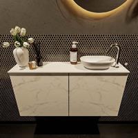 Mondiaz Fowy toiletmeubel 100x50x23cm Carrara mat 1 kraangat wasbak: rechts 2 deuren solid surface met blad Melamine kleur wasbak: wit FOWY59021Carraratalc