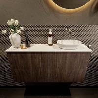 Mondiaz Fowy toiletmeubel 100x50x23cm dark brown mat 0 kraangaten wasbak: rechts 2 deuren solid surface met blad Melamine kleur wasbak: wit FOWY59024darkbrowntalc