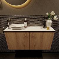 Mondiaz Fowy toiletmeubel 100x50x23cm washed oak mat 1 kraangat wasbak: links 2 deuren solid surface met blad Melamine kleur wasbak: wit FOWY59020washedoaktalc