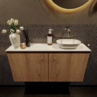 Mondiaz Fowy toiletmeubel 100x50x23cm washed oak mat 0 kraangaten wasbak: rechts 2 deuren solid surface met blad Melamine kleur wasbak: wit FOWY59024washedoaktalc