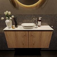 Mondiaz Fowy toiletmeubel 100x50x23cm washed oak mat 1 kraangat wasbak: midden 2 deuren solid surface met blad Melamine kleur wasbak: wit FOWY59019washedoaktalc