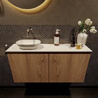 Mondiaz Fowy toiletmeubel 100x50x23cm washed oak mat 0 kraangaten wasbak: links 2 deuren solid surface met blad Melamine kleur wasbak: wit FOWY59023washedoaktalc