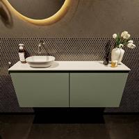 Mondiaz Fowy toiletmeubel 120x50x23cm army mat 0 kraangaten wasbak: links 2 deuren solid surface met blad MDF kleur wasbak: wit FOWY59029armytalc