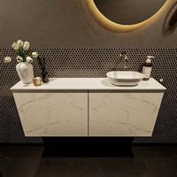 Mondiaz Fowy toiletmeubel 120x50x23cm Carrara mat 0 kraangaten wasbak: rechts 2 deuren solid surface met blad Melamine kleur wasbak: wit FOWY59030Carraratalc