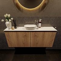 Mondiaz Fowy toiletmeubel 120x50x23cm washed oak mat 1 kraangat wasbak: midden 2 deuren solid surface met blad Melamine kleur wasbak: wit FOWY59025washedoaktalc