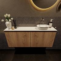 Mondiaz Fowy toiletmeubel 120x50x23cm washed oak mat 0 kraangaten wasbak: rechts 2 deuren solid surface met blad Melamine kleur wasbak: wit FOWY59030washedoaktalc