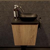 Mondiaz Fowy toiletmeubel 40x50x23cm washed oak mat 1 kraangat wasbak: rechts 1 deur solid surface met blad Melamine kleur wasbak: zwart FOWY59002washedoakurban