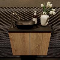 Mondiaz Fowy toiletmeubel 60x50x23cm washed oak mat 1 kraangat wasbak: links 2 deuren solid surface met blad Melamine kleur wasbak: zwart FOWY59008washedoakurban