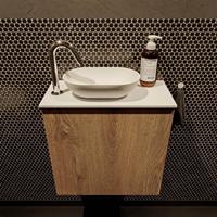 Mondiaz Fowy toiletmeubel 50x50x23cm washed oak mat 1 kraangat wasbak: links 1 deur solid surface met blad Melamine kleur wasbak: wit FOWY59004washedoaktalc