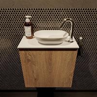 Mondiaz Fowy toiletmeubel 50x50x23cm washed oak mat 1 kraangat wasbak: rechts 1 deur solid surface met blad Melamine kleur wasbak: wit FOWY59005washedoaktalc