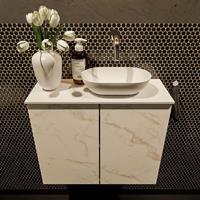 Mondiaz Fowy toiletmeubel 60x50x23cm Carrara mat 0 kraangaten wasbak: rechts 2 deuren solid surface met blad Melamine kleur wasbak: wit FOWY59012Carraratalc