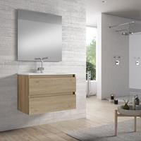 Adema Chaci Badkamermeubelset - 80x45x57cm - 1 ovale keramische wasbak wit - 1 kraangat - 2 lades - rechthoekige spiegel - eiken SW1212767/SW718717/SW724611