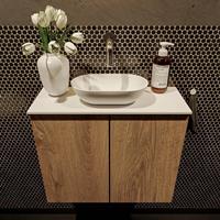 Mondiaz Fowy toiletmeubel 60x50x23cm washed oak mat 0 kraangaten wasbak: midden 2 deuren solid surface met blad Melamine kleur wasbak: wit FOWY59010washedoaktalc