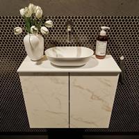 Mondiaz Fowy toiletmeubel 60x50x23cm Carrara mat 0 kraangaten wasbak: midden 2 deuren solid surface met blad Melamine kleur wasbak: wit FOWY59010Carraratalc