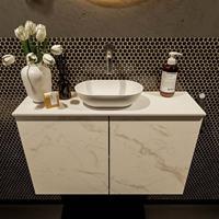 Mondiaz Fowy toiletmeubel 80x50x23cm Carrara mat 0 kraangaten wasbak: midden 2 deuren solid surface met blad Melamine kleur wasbak: wit FOWY59016Carraratalc