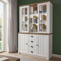 LOMADOX Landhaus Buffetschrank in Pinie weiß und Eiche hell PISA-61 inkl. LED, B/H/T: 130/198/43cm