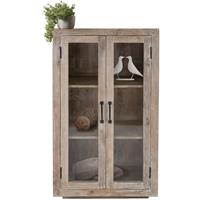 womo-design Glasvitrine mit 2 Türen und 3 Ebenen, 71x110x37 cm, Weiß/Natur, aus massives Mangoholz, Vintage Stil, handgefertigt, Vitrinenschrank Sammelvitrine