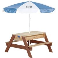 AXI Nick Picknicktafel / Zandtafel / Watertafel Voor Kinderen In Bruin Met Parasol In Blauw/wit Multifunctionele