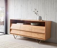 DELIFE Sideboard Eloi 145x40 cm Akazie Natur 6 Schubladen V-Fuß Edelstahl