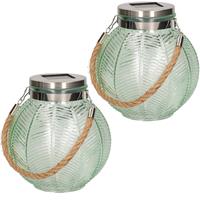 Anna's Collection 2x Stuks Groene Solar Lantaarn Van Gestreept Glas Rond 16 Cm antaarns
