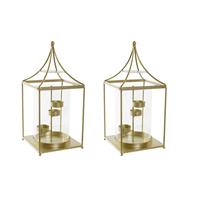 Shoppartners Set Van 2x Stuks Metalen Theelichthouders / Lantaarns Goud Met Glas 34 Cm antaarns