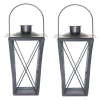 Fancy Flames Set Van 2x Stuks Zilveren Tuin Lantaarn/windlicht Van Ijzer 17 X 17 X 30 Cm antaarns