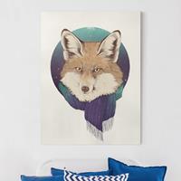 Bilderwelten Leinwandbild Tiere - Hochformat Illustration Fuchs Mond Lila Türkis